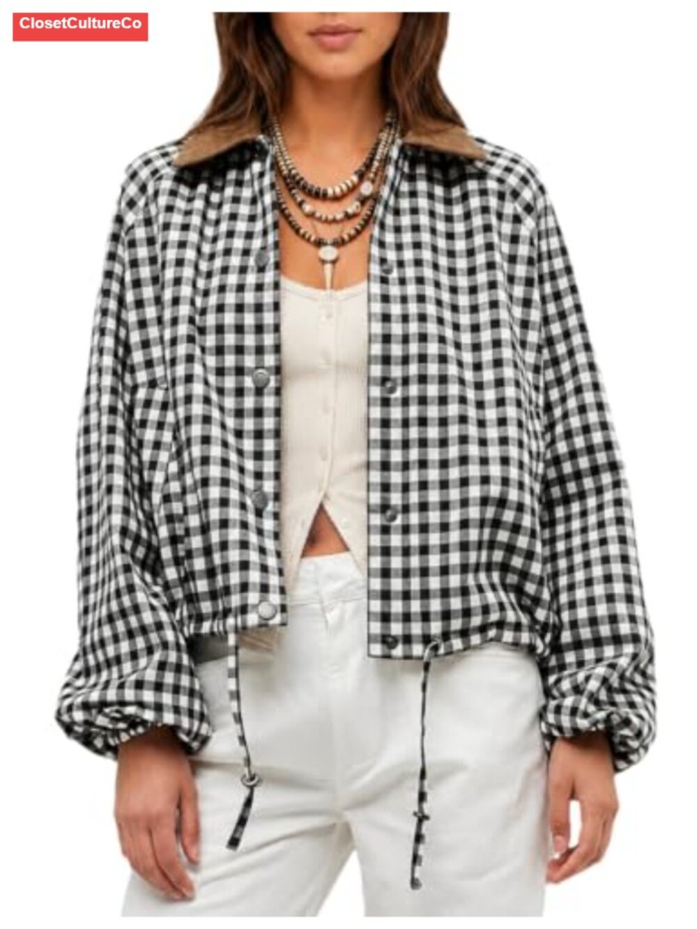 Gingham Plaid Cropped Bomber Jacket Corduroy Collar Snap Button